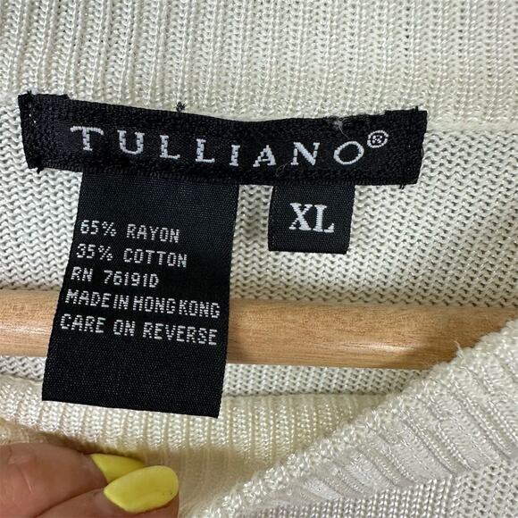 Vintage 90s Tulliano Ivory Knit Sweater Size XL Crew Neck Pullover Checkerboard - Picture 2 of 9